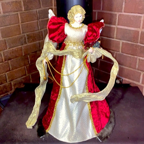 Other - Vintage 1980s Porcelain Angel Tree Topper or Shelf /Mantle Decor Burgundy & Gold